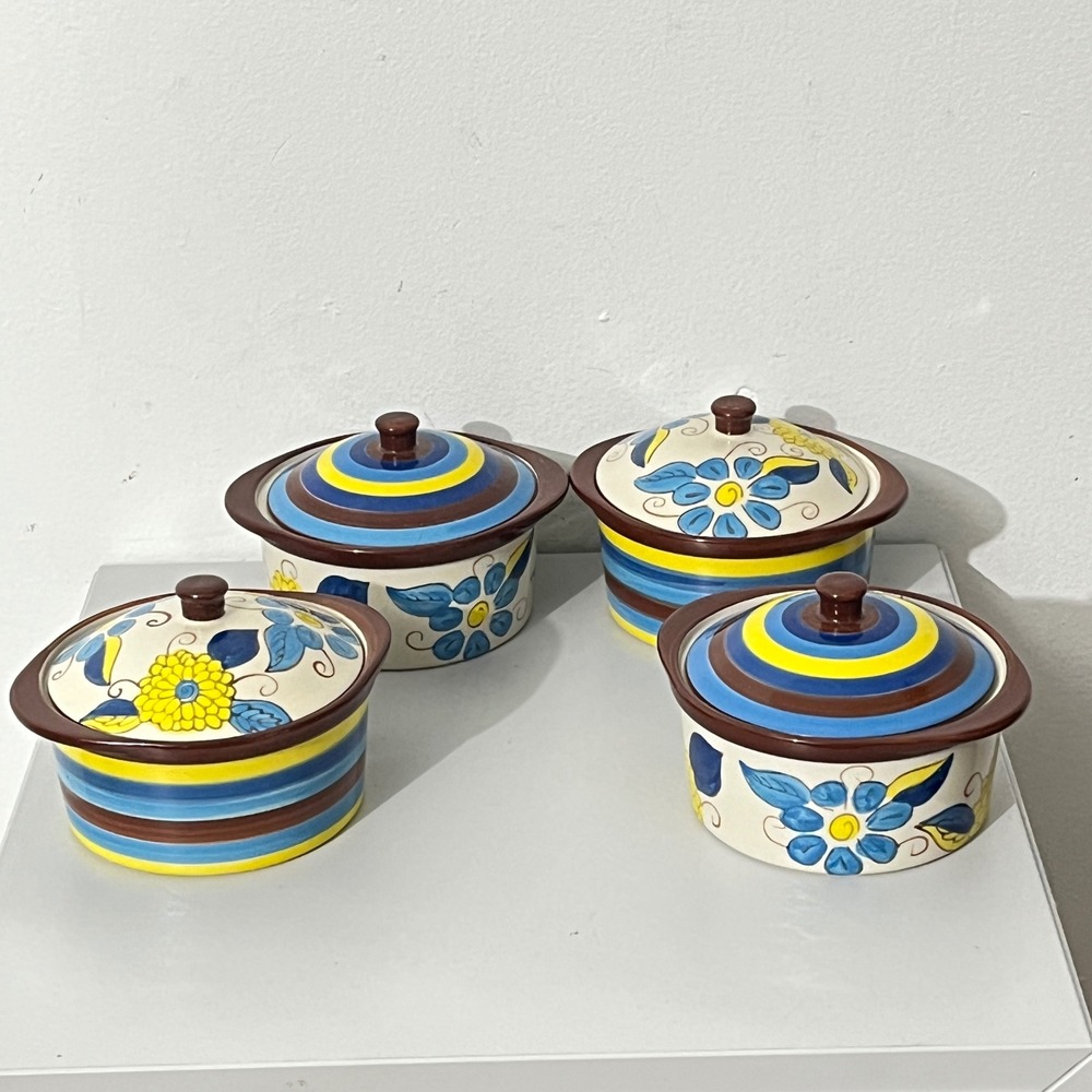 Temp-tations Ramekin Set  9 oz Blue Yellow‎ Floral Ceramic Ovenware 4pc